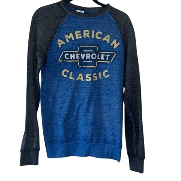 Chevrolet American Classic Logo Sweatshirt S Blue & Gray Raglan Sleeves GM Offic - Picture 1 of 6